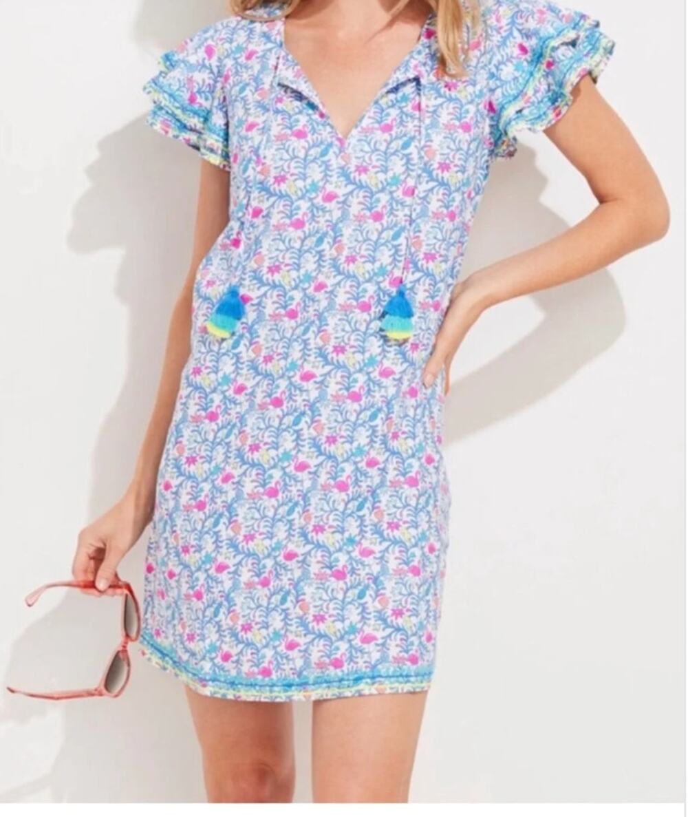 Vineyard Vines Linen Tunic Mini Dress Ruffle Sleeves Blue Medium